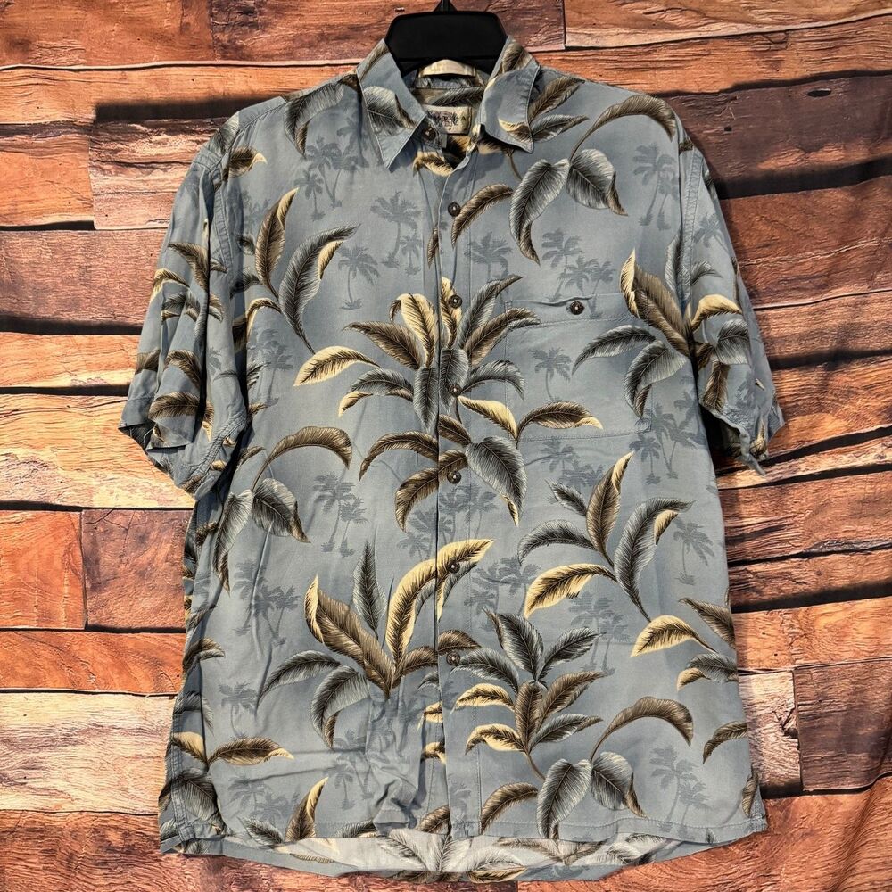 Samoa Men's Casual Button-Down Shirt Blue M Rayon Tropical Palm Short Sleeve